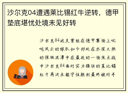 沙尔克04遭遇莱比锡红牛逆转，德甲垫底堪忧处境未见好转